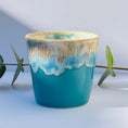 Load image into Gallery viewer, Hand-poured aromatherapy candle in a turquoise stoneware coffee cup, made with natural wax and essential oils. A soothing, eco-conscious candle by Kilimanjaro Candles & More.
