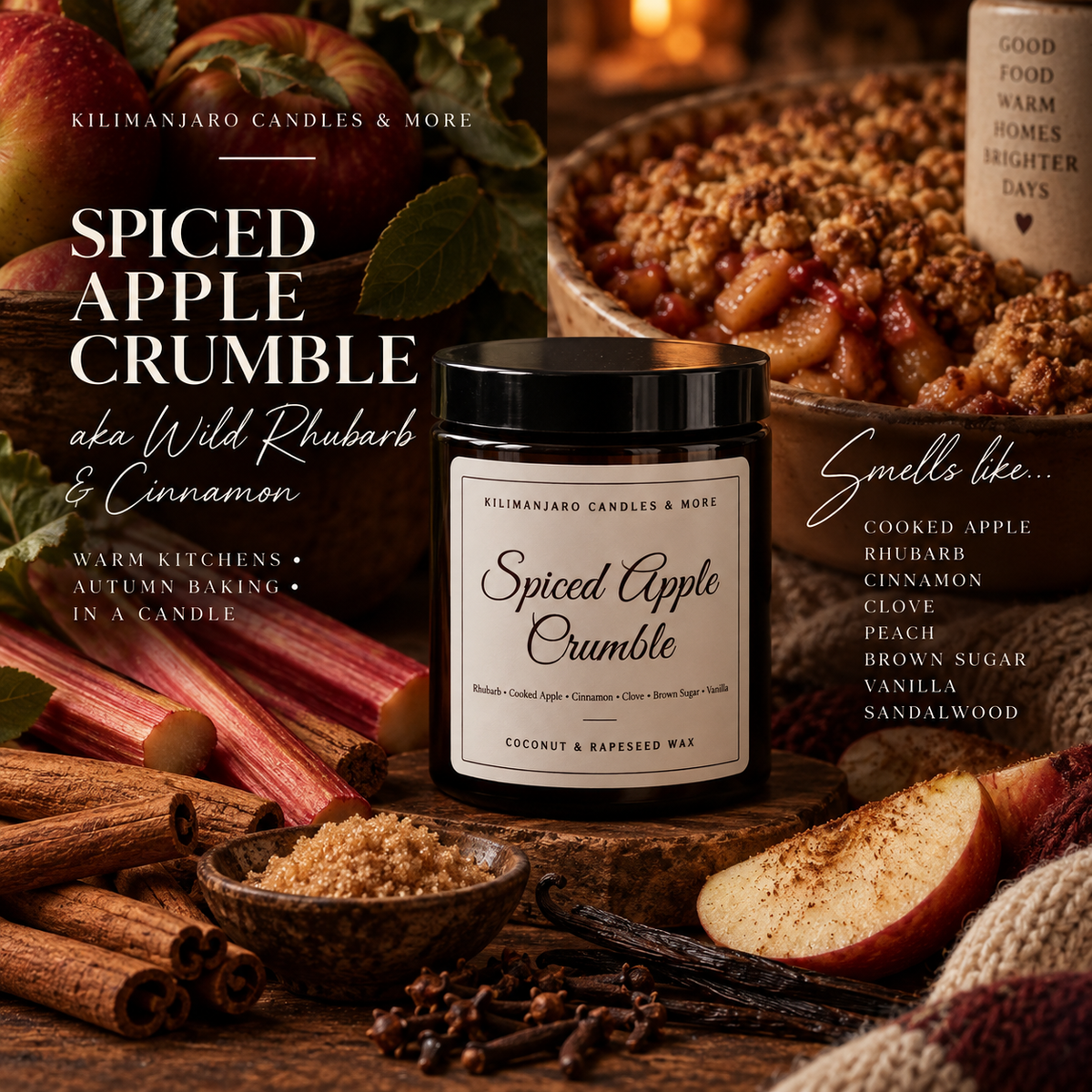 Spiced Apple Crumble | Wild Rhubarb & Cinnamon | Rapeseed & Coconut Wax Candle
